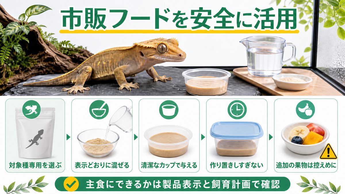 市販の果物フード活用の要点をまとめたカメレオン・爬虫類飼育インフォグラフィック