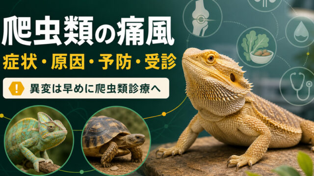 フトアゴヒゲトカゲ、カメレオン、リクガメと、症状・原因・予防・受診の流れを示す爬虫類の痛風IMAGE2アイキャッチ