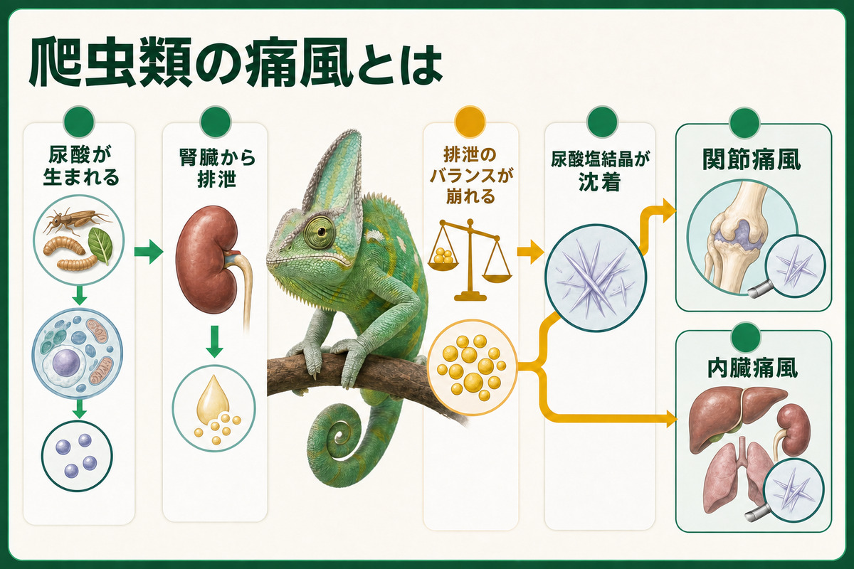 尿酸の産生と腎臓からの排泄、排泄バランスの破綻、尿酸塩結晶の沈着、関節痛風と内臓痛風を示すIMAGE2図解