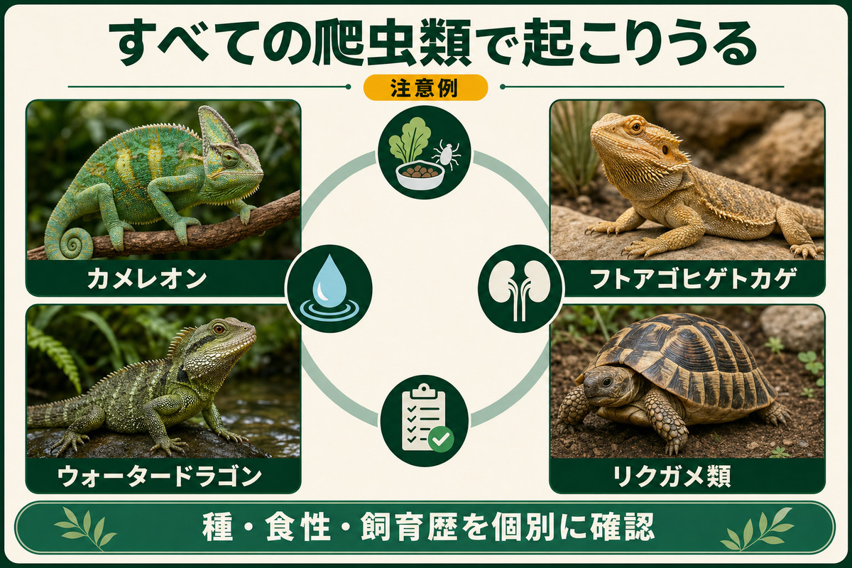カメレオン、フトアゴヒゲトカゲ、ウォータードラゴン、リクガメ類を注意例に、すべての爬虫類で個別評価が必要と示すIMAGE2図解