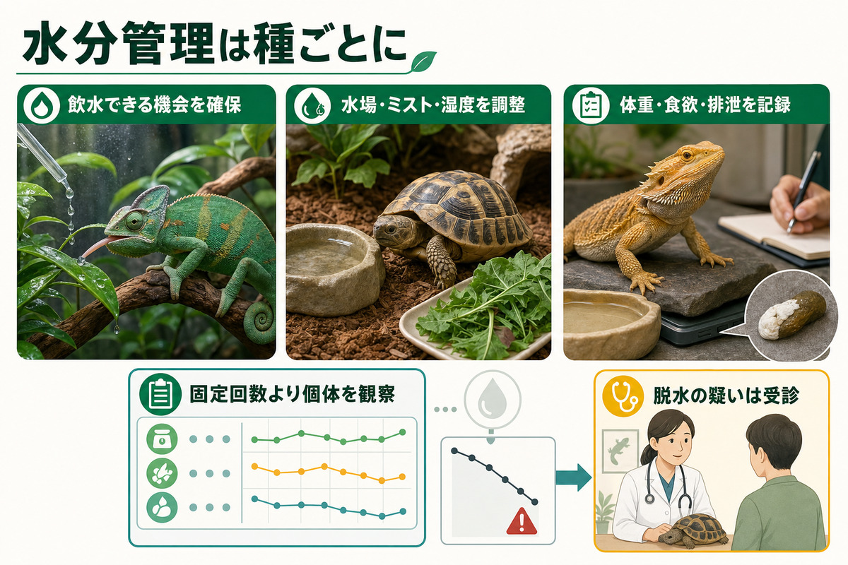 カメレオン、リクガメ、フトアゴヒゲトカゲの種別の飲水機会、水場・ミスト・湿度、記録と脱水時の受診を示すIMAGE2図解