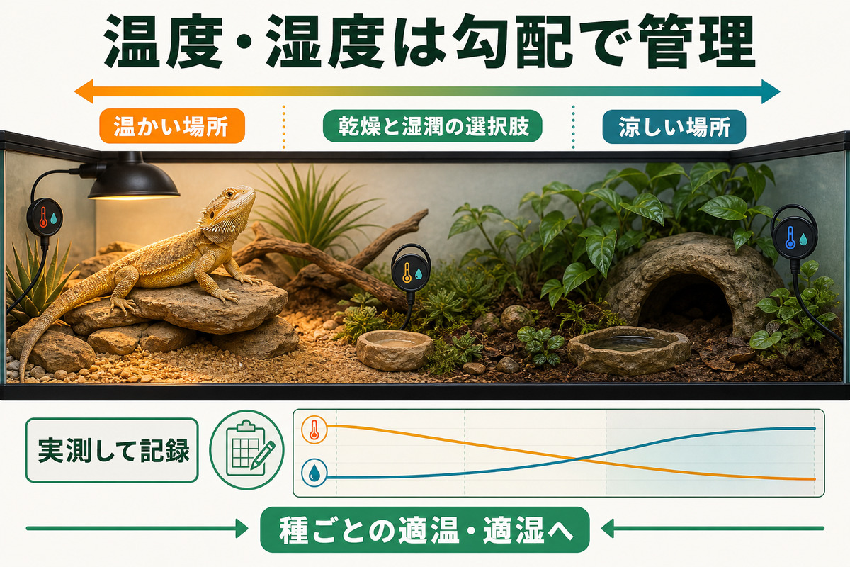 温かい場所と涼しい場所、乾燥と湿潤の選択肢、実測と記録、種別の適温適湿を示す爬虫類環境のIMAGE2図解