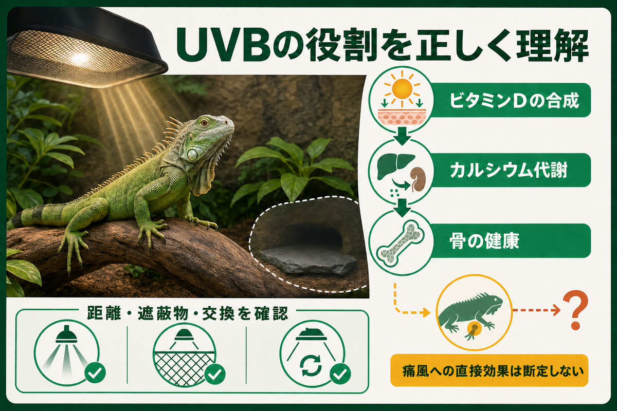 UVBからビタミンD合成、カルシウム代謝、骨の健康への流れと、痛風への直接効果は断定しないことを示すIMAGE2図解