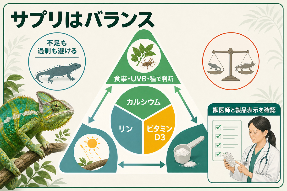 カルシウム、リン、ビタミンD3を食事・UVB・種に合わせ、不足と過剰を避けて獣医師と製品表示を確認するIMAGE2図解