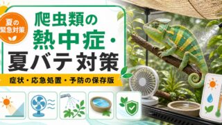 【夏の緊急事態】カメレオン・爬虫類の熱中症・夏バテ完全ガイド！症状・応急処置・予防を徹底解説の要点を伝えるカメレオン・爬虫類記事アイキャッチ画像