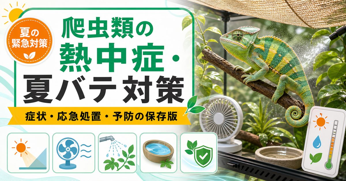 【夏の緊急事態】カメレオン・爬虫類の熱中症・夏バテ完全ガイド！症状・応急処置・予防を徹底解説の要点を伝えるカメレオン・爬虫類記事アイキャッチ画像
