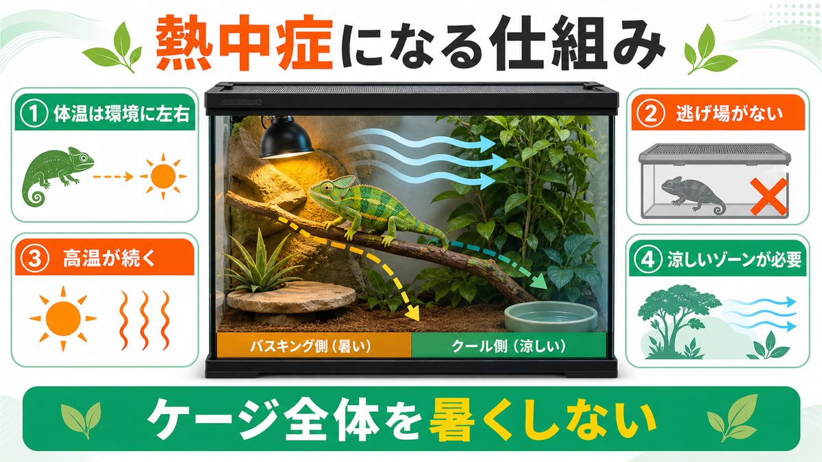 爬虫類が熱中症になる仕組みの要点をまとめたカメレオン・爬虫類飼育インフォグラフィック