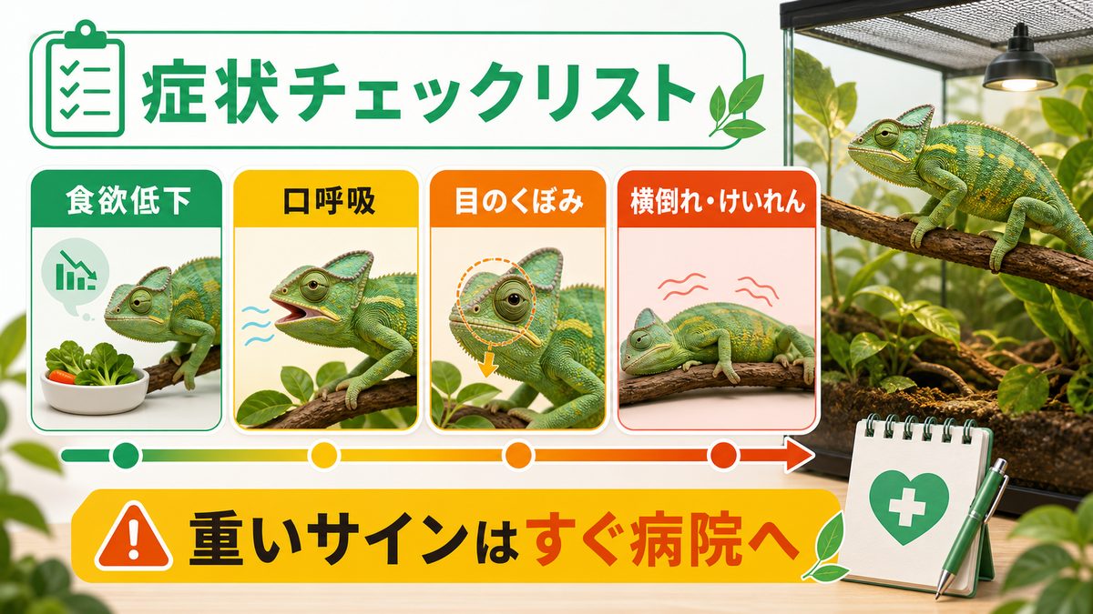 熱中症・夏バテの症状チェックリストの要点をまとめたカメレオン・爬虫類飼育インフォグラフィック