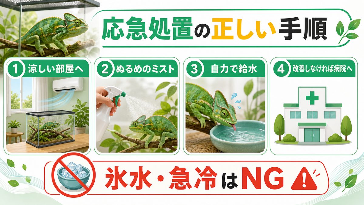 応急処置の正しい手順(氷水はNGです!)の要点をまとめたカメレオン・爬虫類飼育インフォグラフィック
