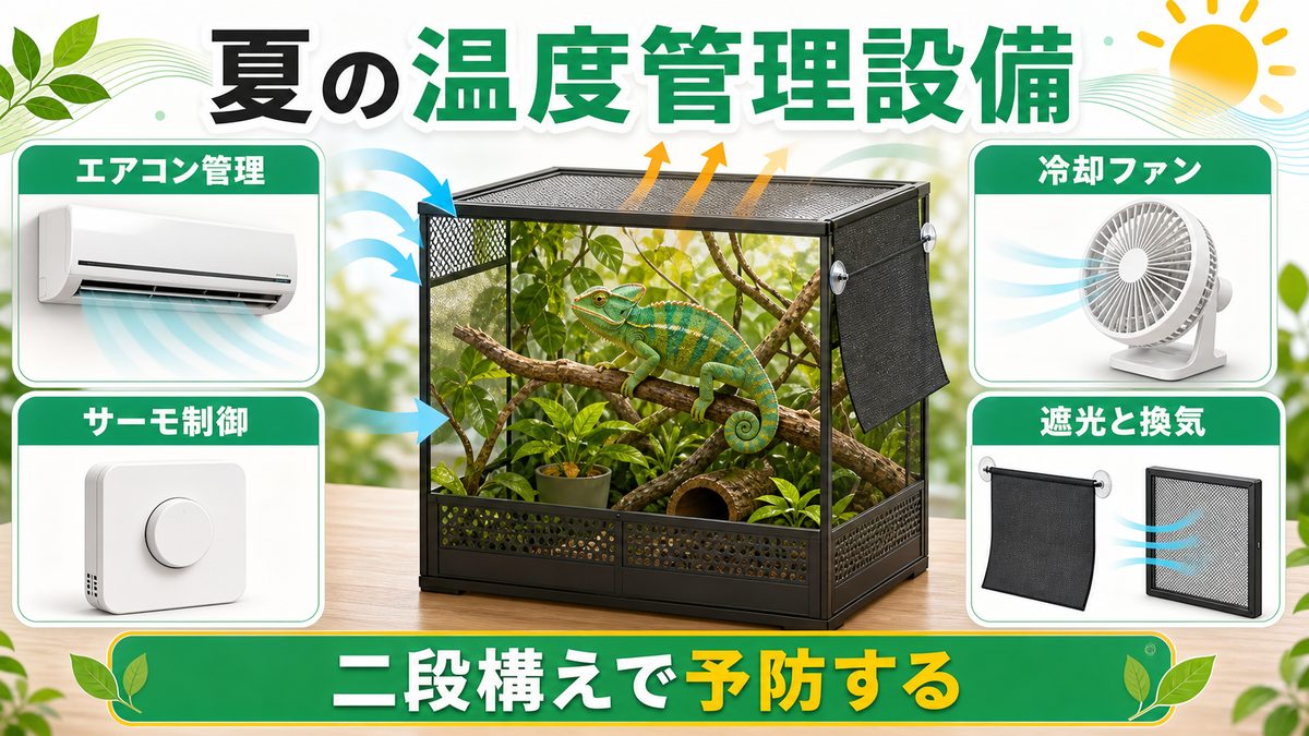 夏のケージ温度管理・冷却設備の要点をまとめたカメレオン・爬虫類飼育インフォグラフィック