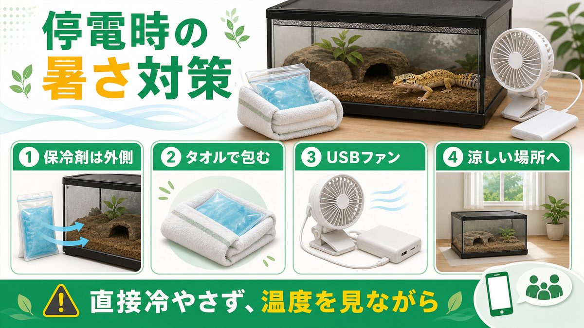 停電・緊急時の暑さ対策の要点をまとめたカメレオン・爬虫類飼育インフォグラフィック