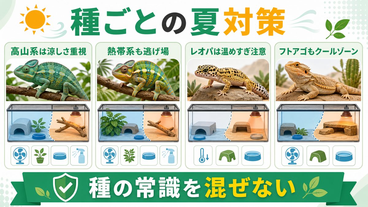 カメレオン・種別の夏対策ポイントの要点をまとめたカメレオン・爬虫類飼育インフォグラフィック