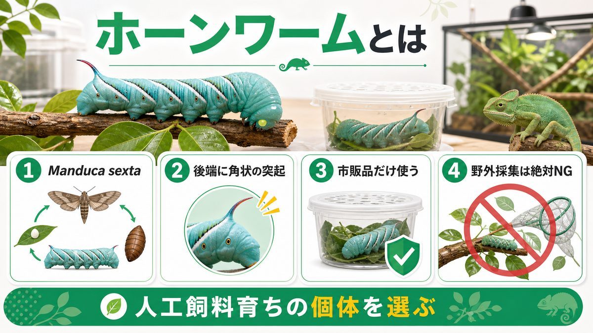 🔍 ホーンワームとは?学名・生活環・タバコスズメガとの関係の要点をまとめたカメレオン・爬虫類飼育インフォグラフィック