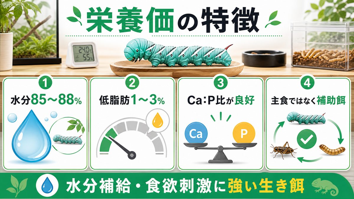 📊 栄養価と他の生き餌との比較(コオロギ・デュビア・ワックスワーム)の要点をまとめたカメレオン・爬虫類飼育インフォグラフィック