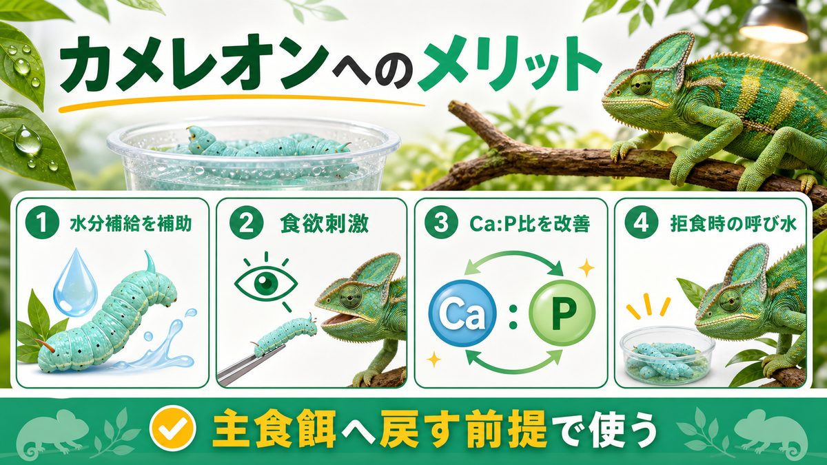 🦎 カメレオンへのメリット(水分補給・食欲刺激・カルシウム補給)の要点をまとめたカメレオン・爬虫類飼育インフォグラフィック