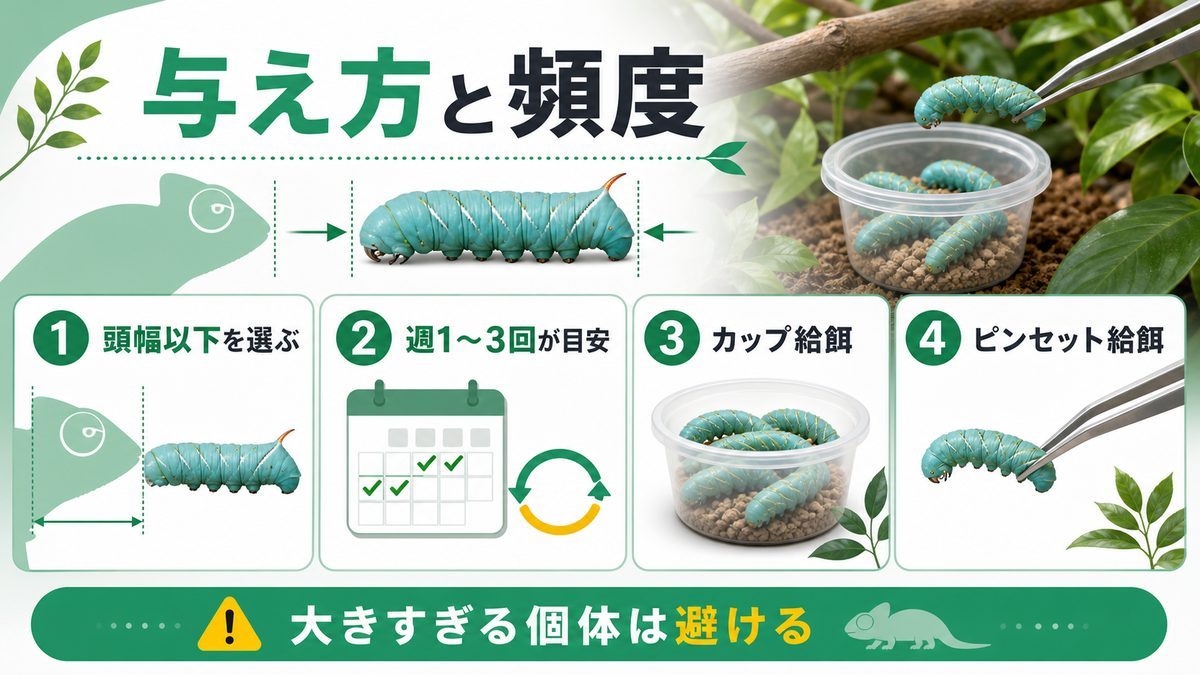 🍽️ 適切な与え方・頻度・サイズ選びの要点をまとめたカメレオン・爬虫類飼育インフォグラフィック