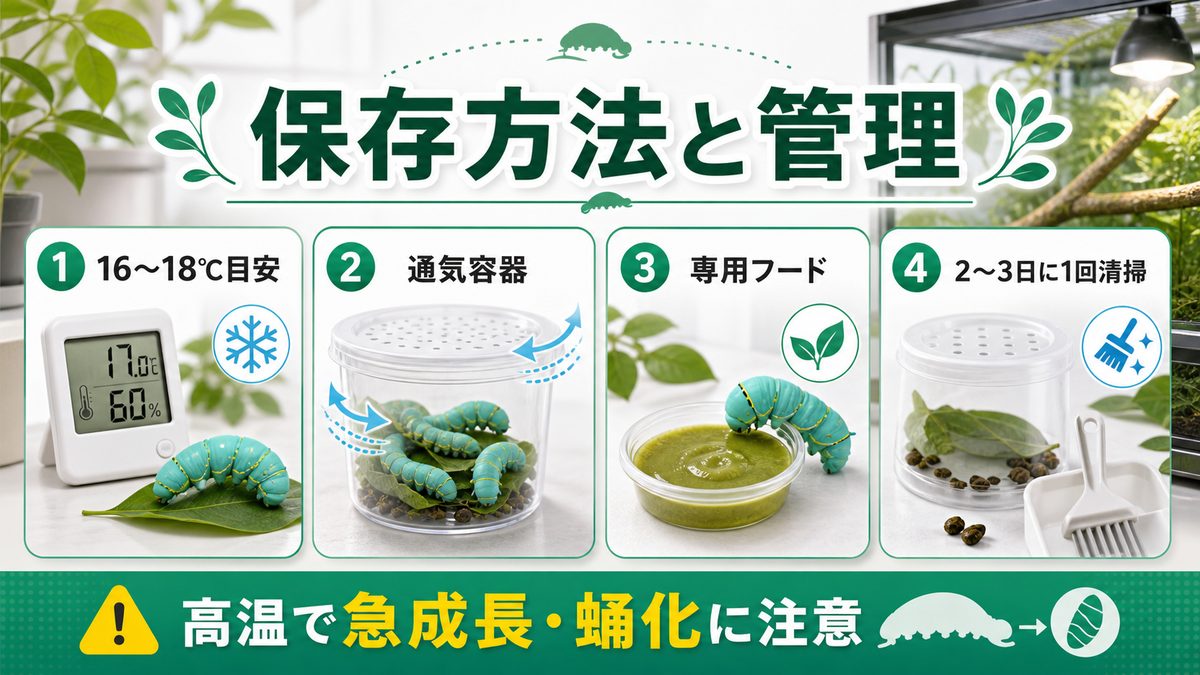 📦 保存方法と管理(温度・容器・餌・保存期間)の要点をまとめたカメレオン・爬虫類飼育インフォグラフィック