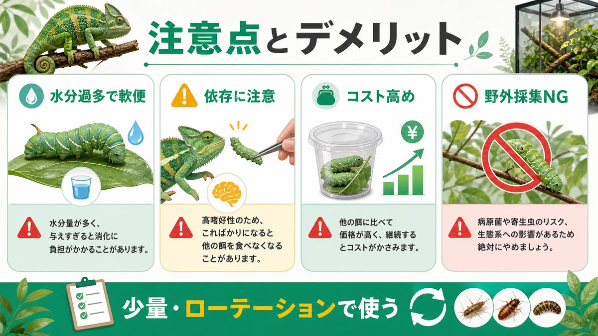 ⚠️ 注意点とデメリットの要点をまとめたカメレオン・爬虫類飼育インフォグラフィック