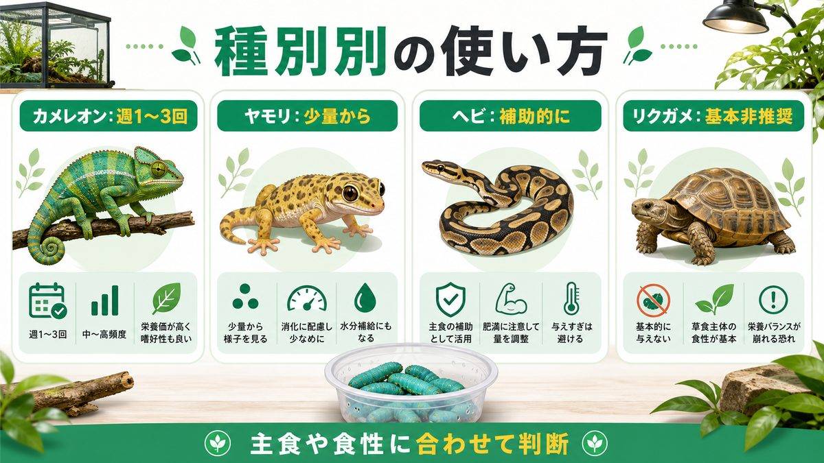 🐍 種別別の与え方ガイド(カメレオン・ヤモリ・ヘビ・カメ)の要点をまとめたカメレオン・爬虫類飼育インフォグラフィック