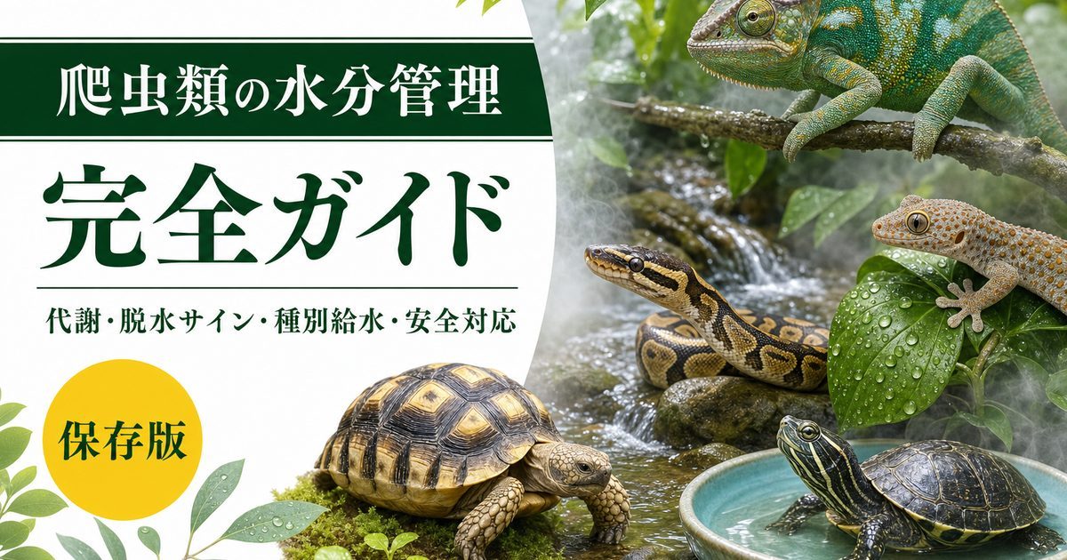 爬虫類の水分代謝・給水管理完全ガイド｜脱水サインの見抜き方・種別給水法・電解質補給まで徹底解説の要点を伝えるカメレオン・爬虫類記事アイキャッチ画像