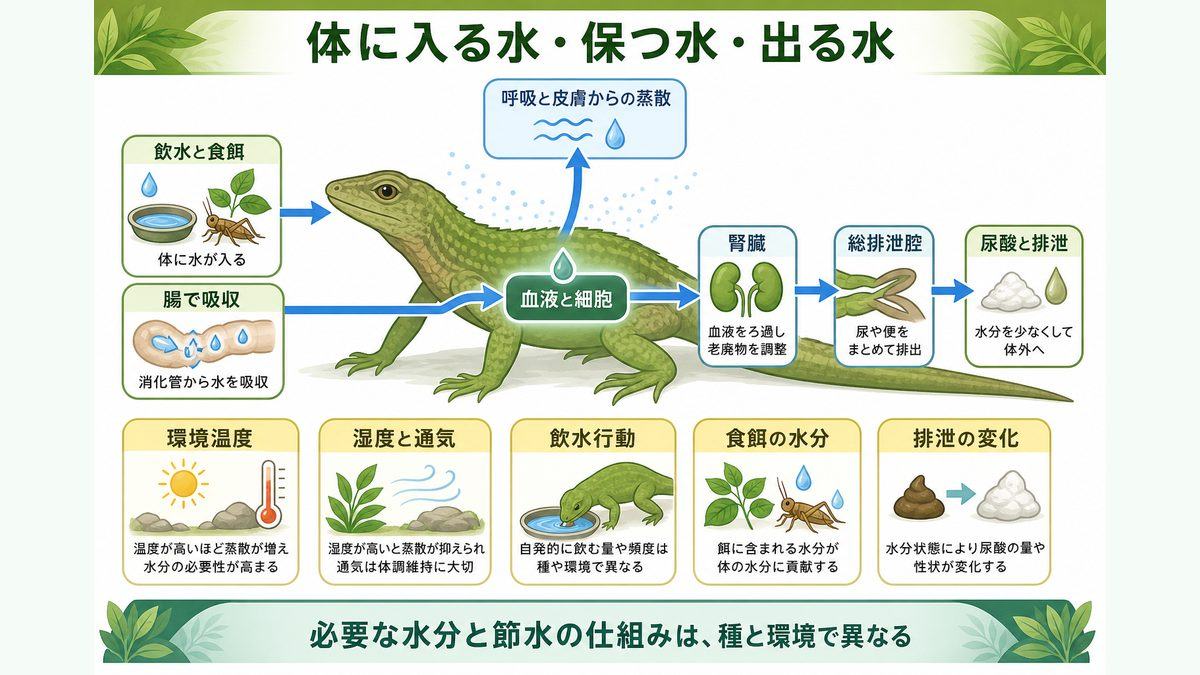 爬虫類の水分代謝メカニズム|腎臓・クロアカ・皮膚の役割の要点をまとめたカメレオン・爬虫類飼育インフォグラフィック