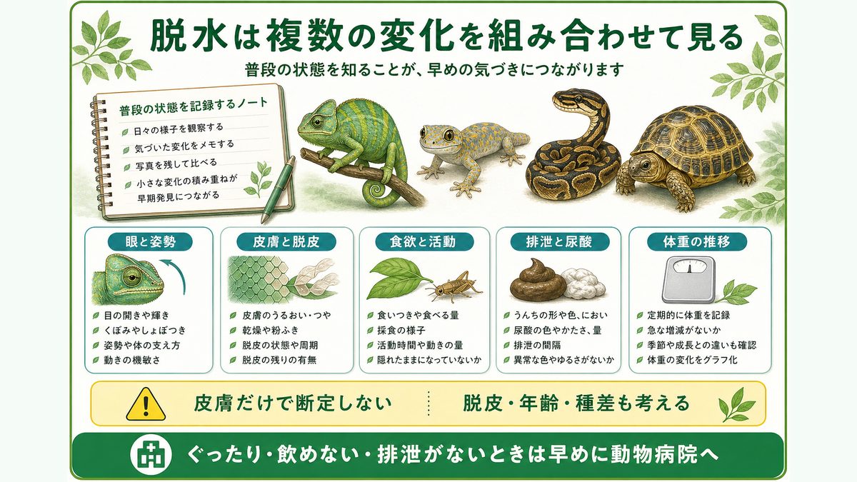 脱水症状の見抜き方|初期から重度まで段階別サインと皮膚テンションテストの要点をまとめたカメレオン・爬虫類飼育インフォグラフィック