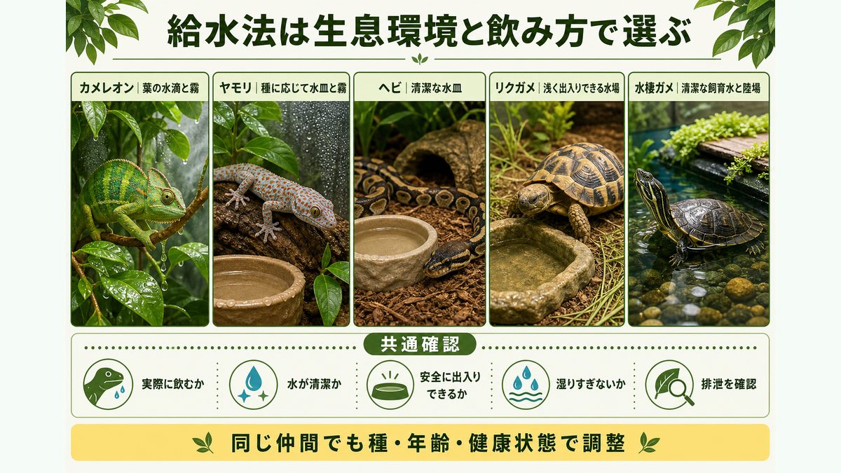 種別給水法の比較|カメレオン・ヤモリ・ヘビ・リクガメ・水棲ガメの要点をまとめたカメレオン・爬虫類飼育インフォグラフィック