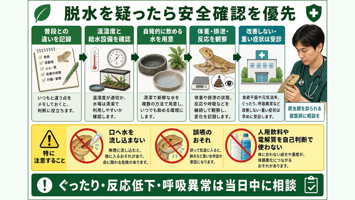 電解質補給と経口補液|使い方・緊急対応手順の要点をまとめたカメレオン・爬虫類飼育インフォグラフィック