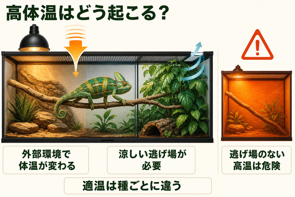 爬虫類が外部環境で体温を変え涼しい逃げ場を必要とする仕組みを示すIMAGE2図解