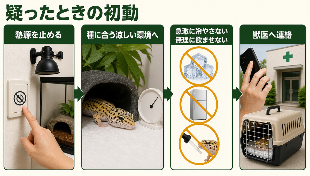 熱源を止め種に合う涼しい環境へ移し急冷と強制給水を避けて獣医へ連絡するIMAGE2図解
