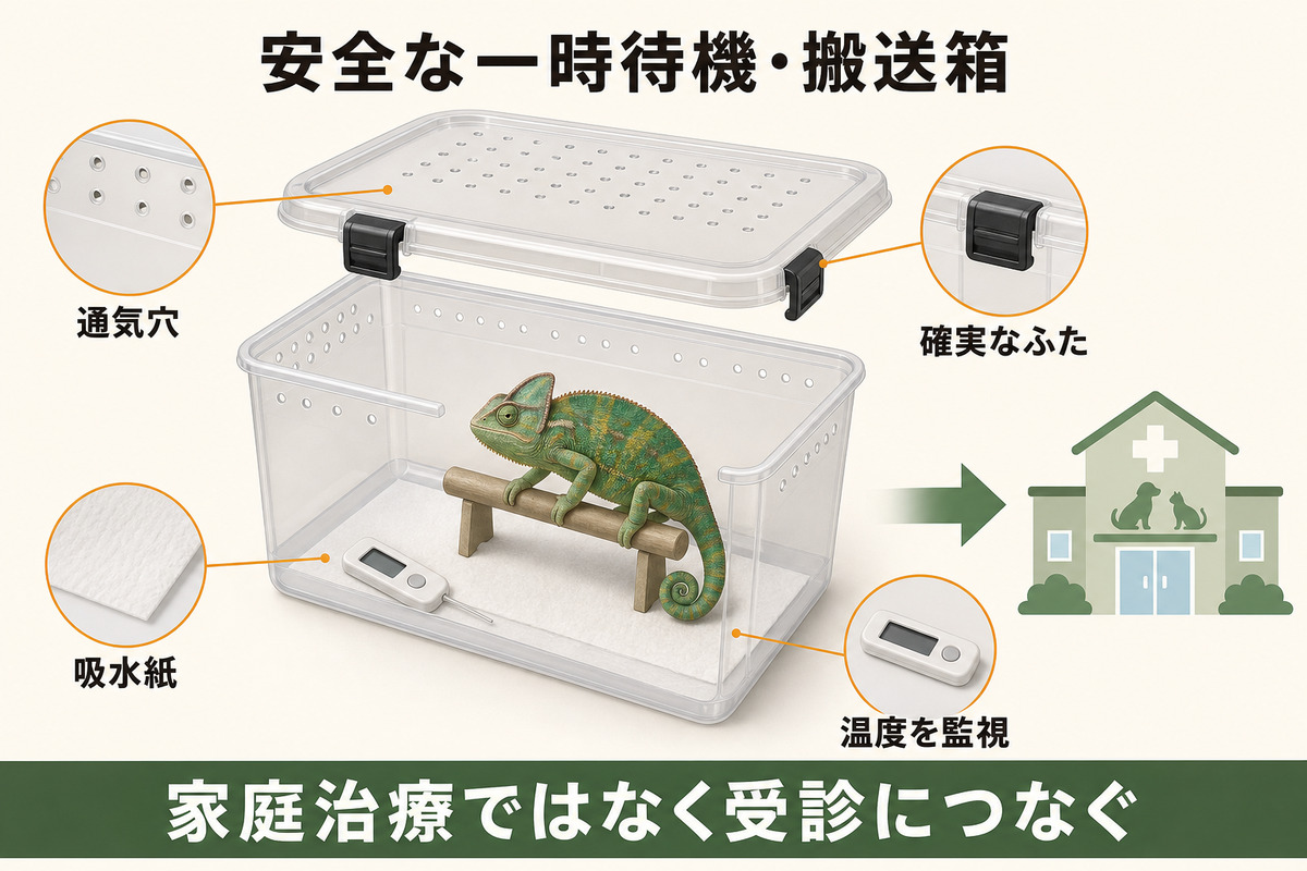 通気穴、確実なふた、吸水紙、温度監視を備えた爬虫類の一時待機・搬送箱を示すIMAGE2図解