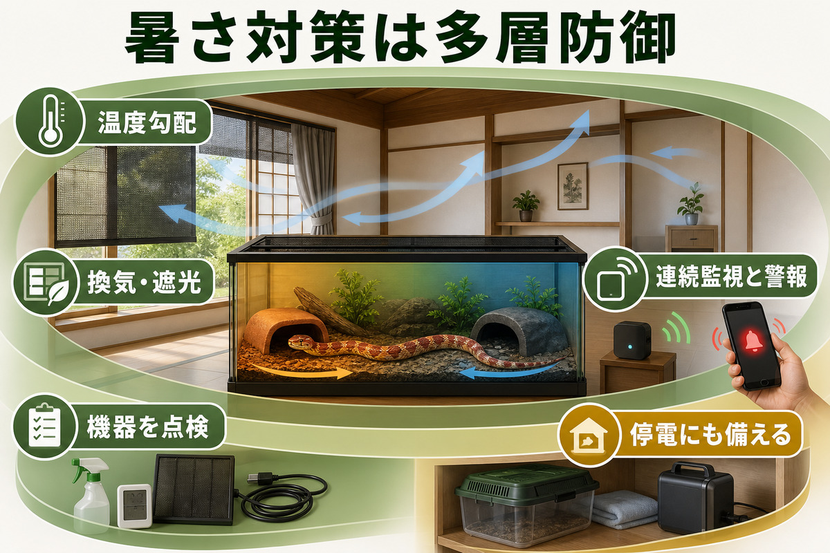 温度勾配、換気と遮光、連続監視と警報、機器点検、停電準備を多層防御として示すIMAGE2図解