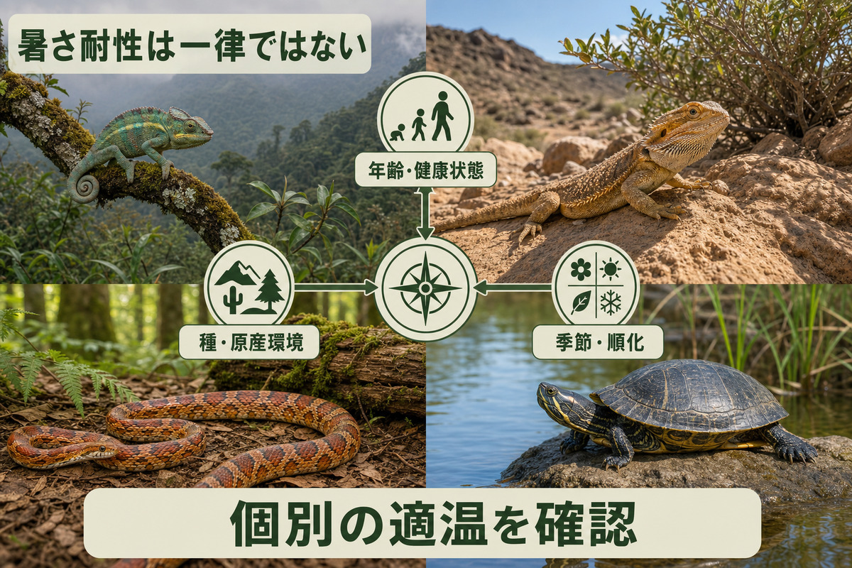 種や原産環境、年齢、健康状態、季節、順化で爬虫類の暑さ耐性が異なることを示すIMAGE2図解