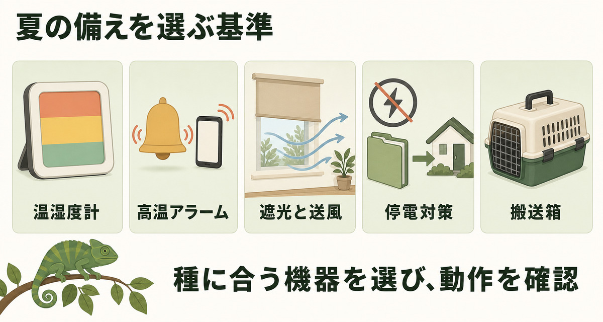 温湿度計、高温アラーム、遮光と送風、停電対策、搬送箱を夏の備えとして選ぶIMAGE2図解