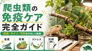 爬虫類の免疫低下・免疫不全完全ガイド｜原因・症状チェック・免疫サポートケアと予防策を徹底解説の要点を伝えるカメレオン・爬虫類記事アイキャッチ画像