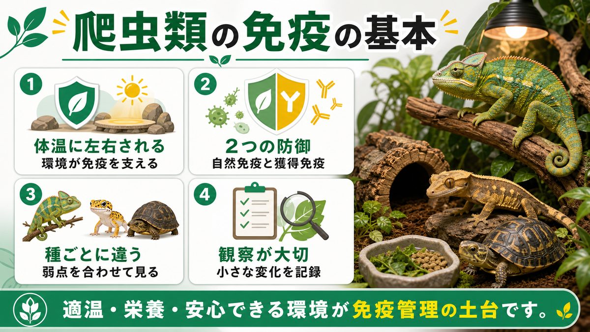 爬虫類の免疫システムとはの要点をまとめたカメレオン・爬虫類飼育インフォグラフィック
