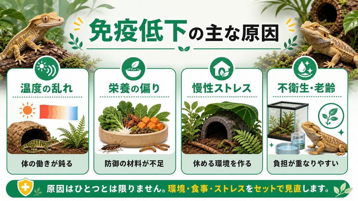 免疫低下を引き起こす主な原因の要点をまとめたカメレオン・爬虫類飼育インフォグラフィック