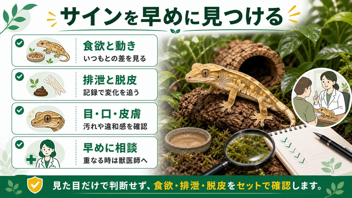 免疫低下のサインと症状チェックリストの要点をまとめたカメレオン・爬虫類飼育インフォグラフィック