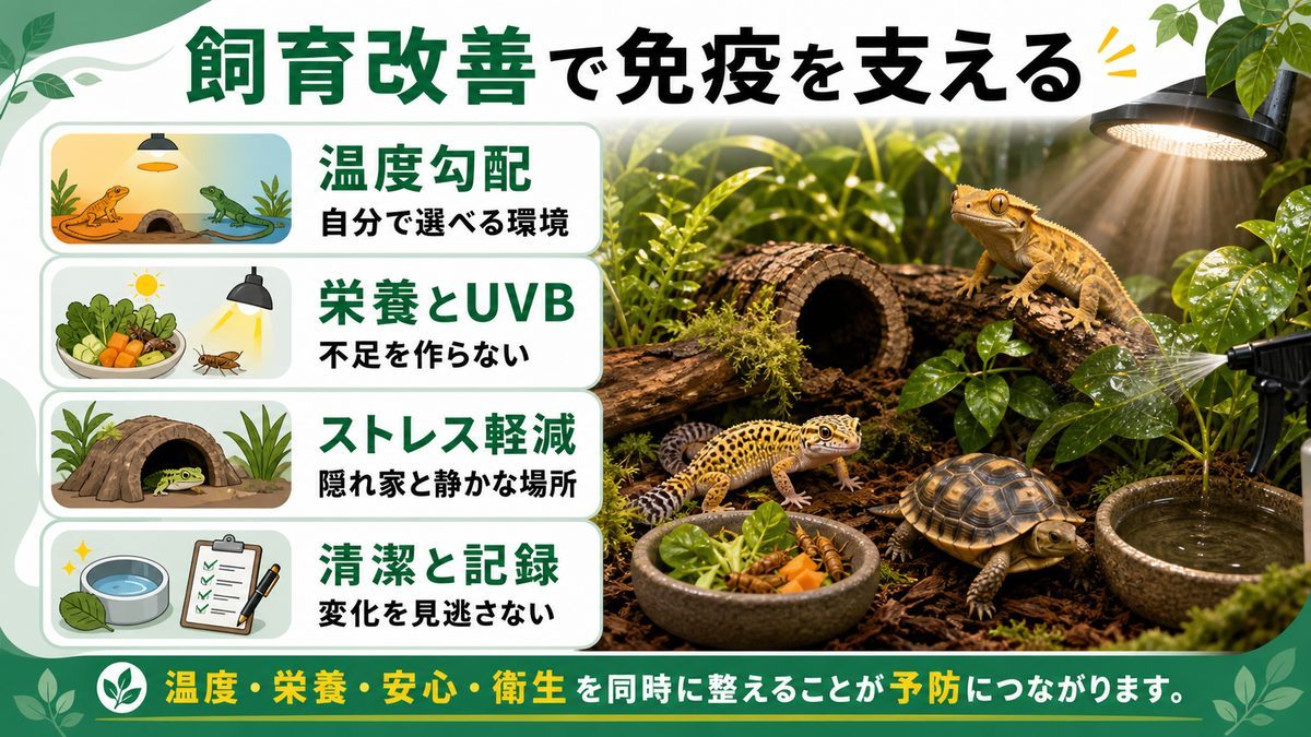 免疫サポートのための飼育改善の要点をまとめたカメレオン・爬虫類飼育インフォグラフィック