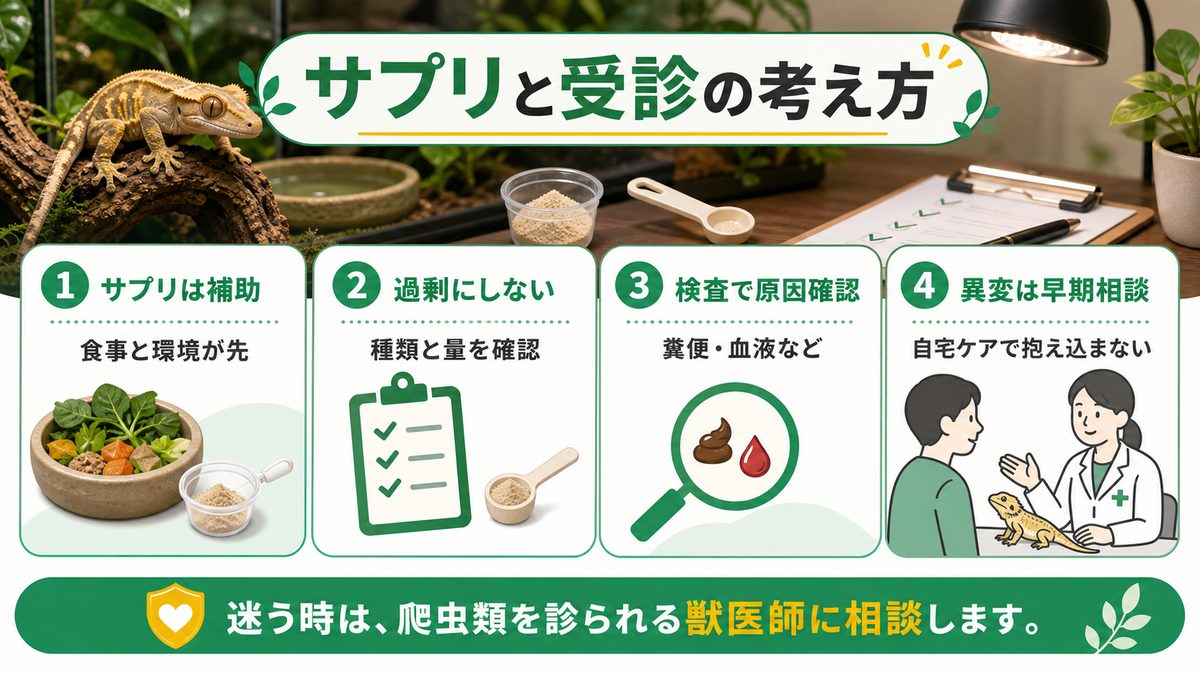 サプリメントと獣医的介入の要点をまとめたカメレオン・爬虫類飼育インフォグラフィック