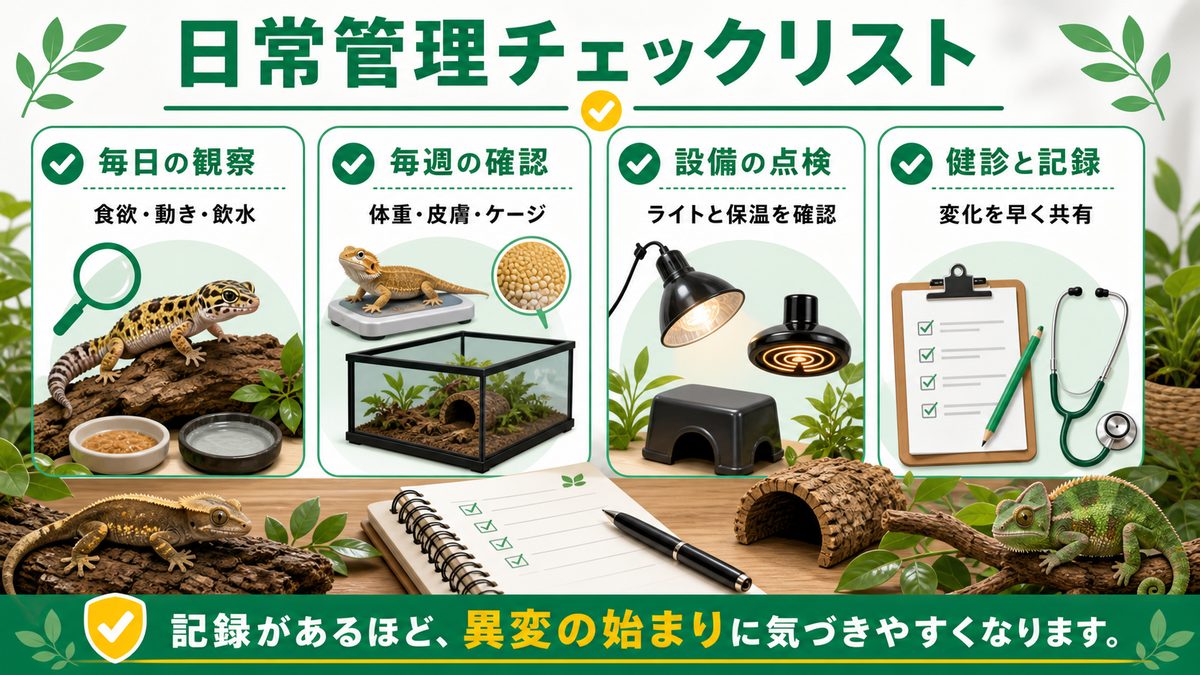 予防のための日常管理チェックリストの要点をまとめたカメレオン・爬虫類飼育インフォグラフィック