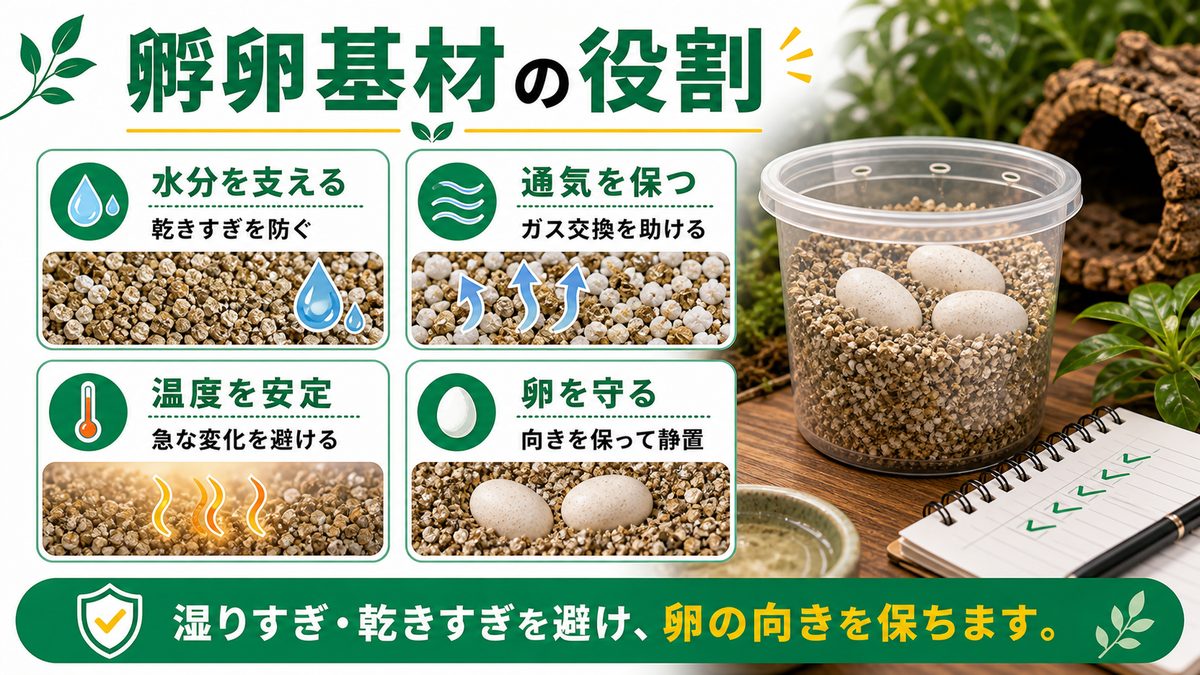 孵卵基材の役割とは？なぜ基材が孵化率に影響するのかの要点をまとめたカメレオン・爬虫類飼育インフォグラフィック