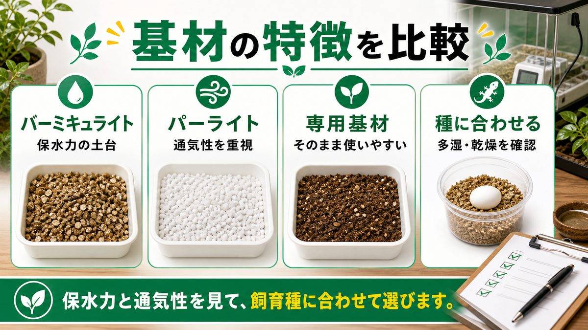 主要孵卵基材の種類と比較の要点をまとめたカメレオン・爬虫類飼育インフォグラフィック