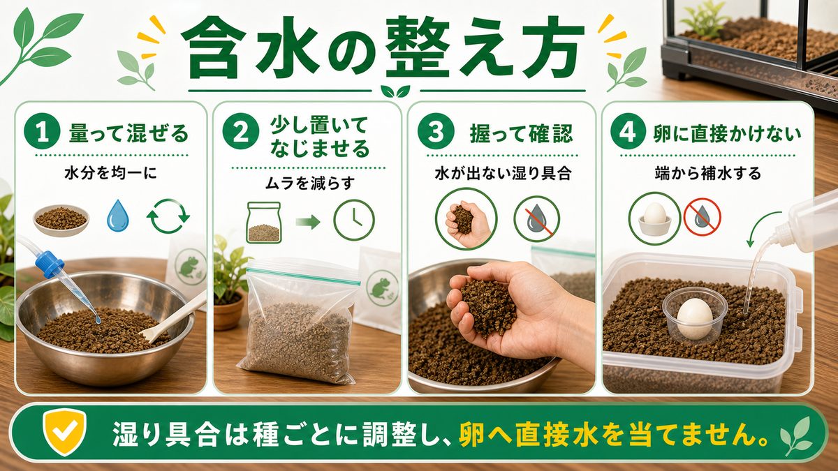 基材の調整方法：含水比の計算と実践の要点をまとめたカメレオン・爬虫類飼育インフォグラフィック