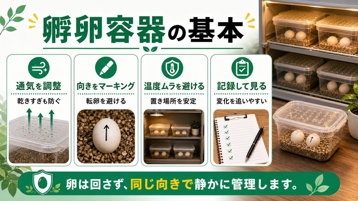 孵卵容器と保管の基本の要点をまとめたカメレオン・爬虫類飼育インフォグラフィック