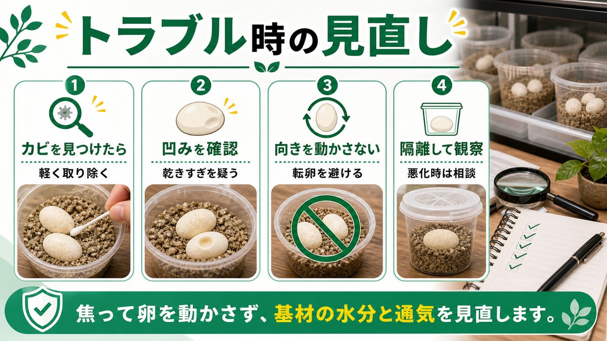 トラブルシューティング：カビ・凹み・嚢腫・孵化不全への対処の要点をまとめたカメレオン・爬虫類飼育インフォグラフィック
