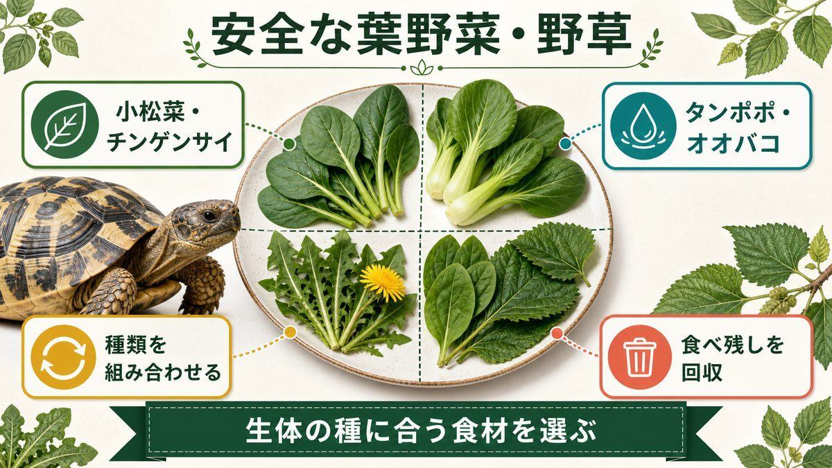 リクガメ向けの安全な葉野菜・野草を種類別に整理した図解