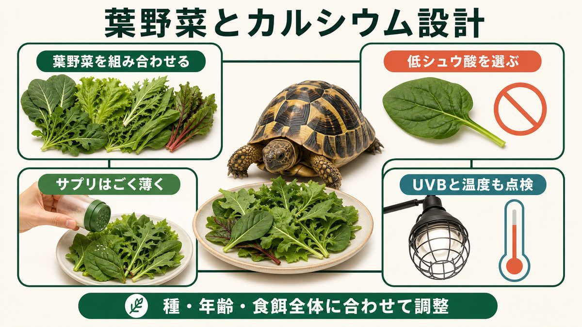 葉野菜・カルシウム・UVB・温度を組み合わせた栄養管理の図解