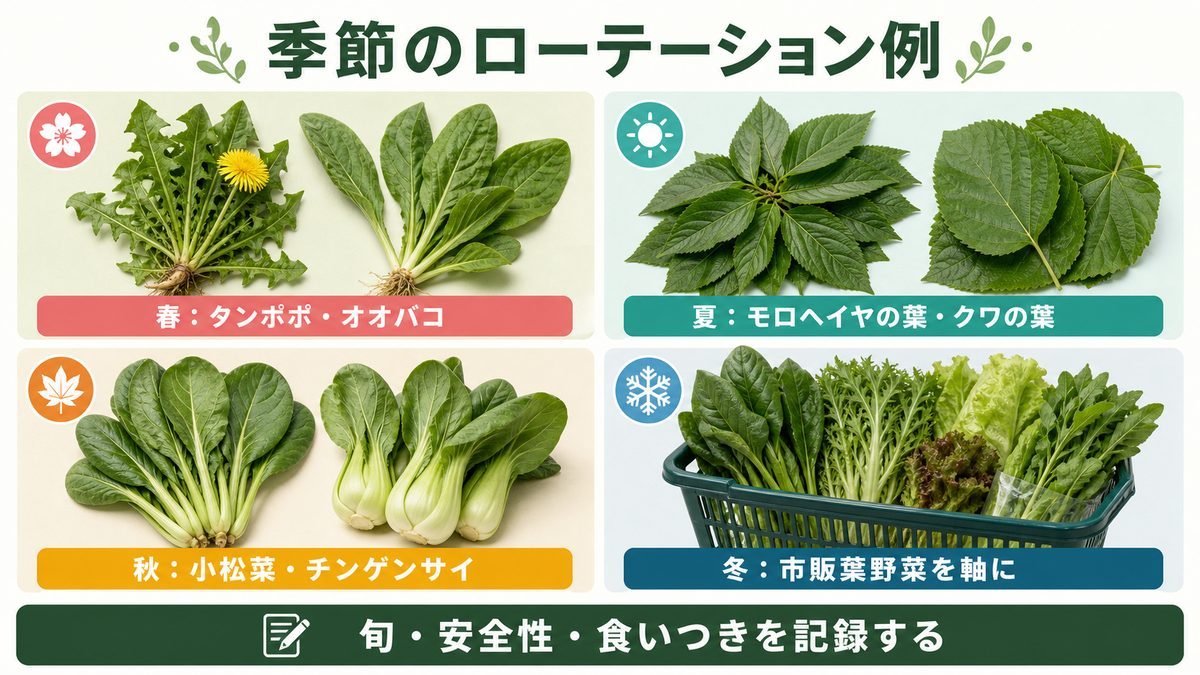 春夏秋冬で葉野菜と野草をローテーションする例