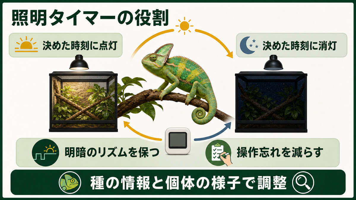 照明タイマーが点灯と消灯を自動化し明暗のリズムを保つ役割を示すIMAGE2図解